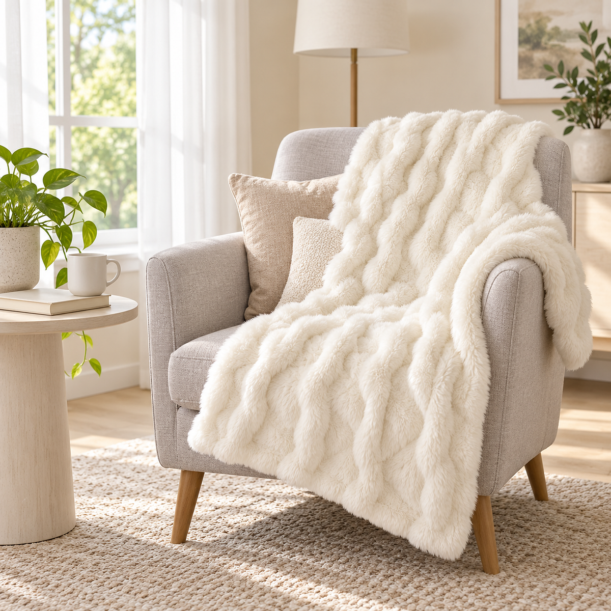 Elvasori white plush throw blanket draped across a light gray chair in a music sitting room #color_white