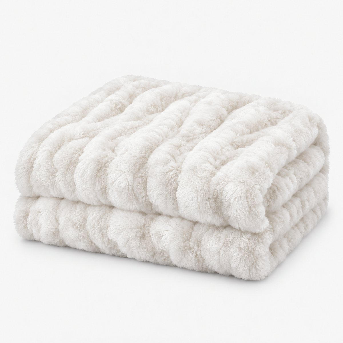 Elvasori white throw blanket for couch in rabbit fur look faux fur, loosely stacked on a white background #color_white