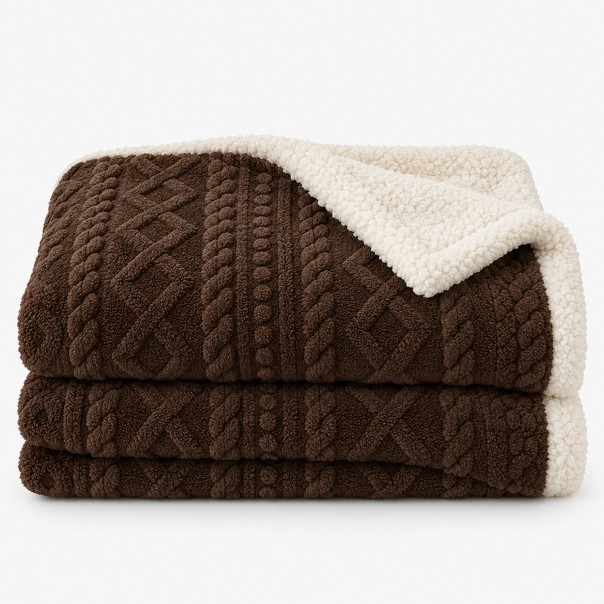 Ermelva dark brown coral fleece blanket loosely folded on a plain white background