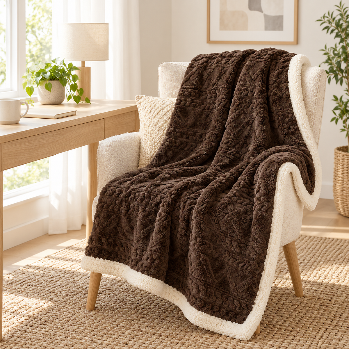 Ermelva dark brown fleece throw blanket opened over a writing chair in a window nook
