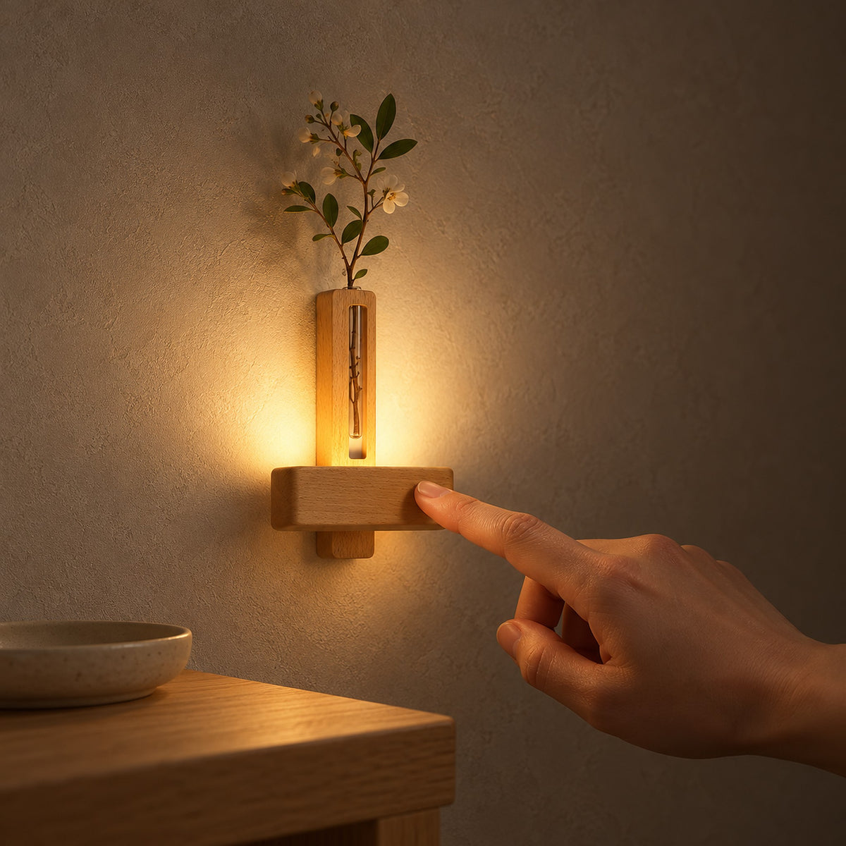 Ilaveno natural LED wall sconce casting an upward glow across an entryway wall at night