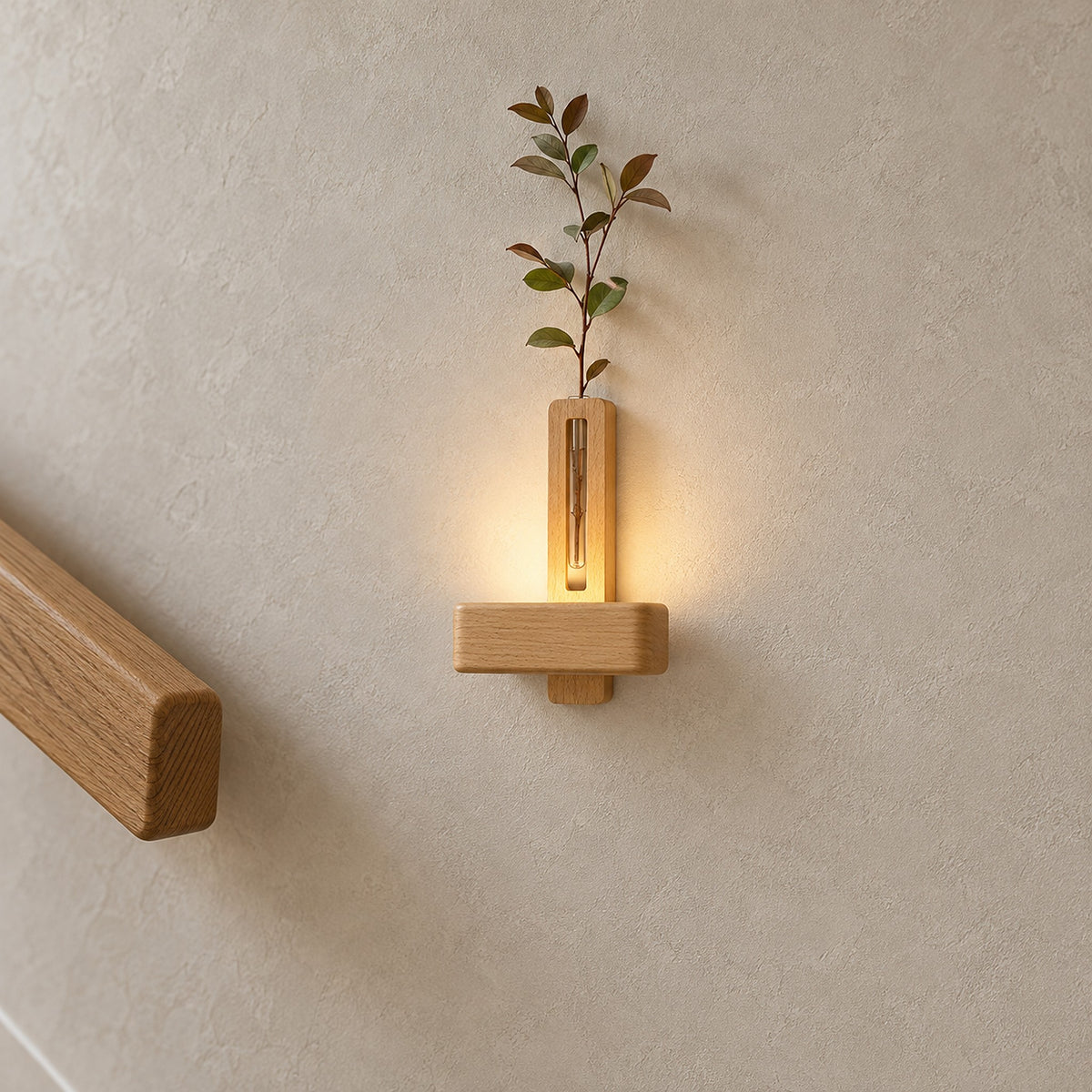 Ilaveno natural rechargeable wall sconce lit on a stair landing, mounted beside the stair rail