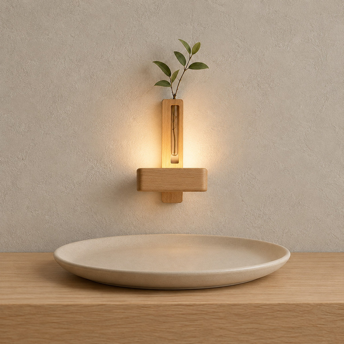 Ilaveno natural wall lamp lit by day above an entryway console, a short sprig in its vase holder