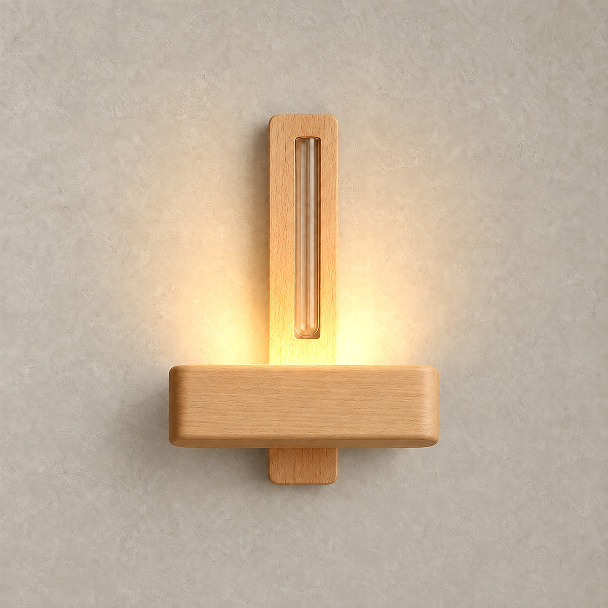 Ilaveno natural rechargeable wall sconce switched on, its glow falling across the wooden vase holder