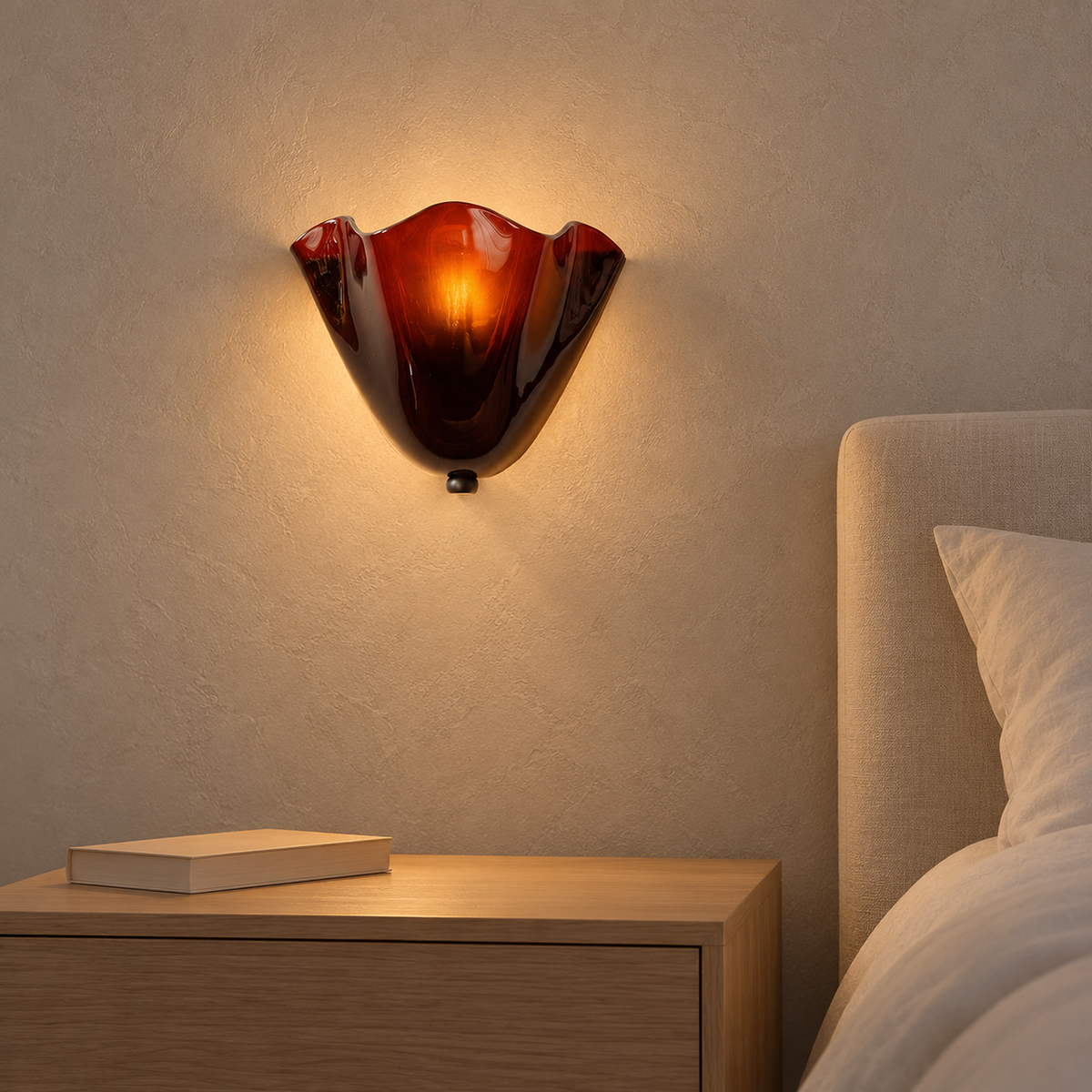 Ilsaren brown bedside wall light glowing beside an ivory bedhead in a bedroom #color_brown