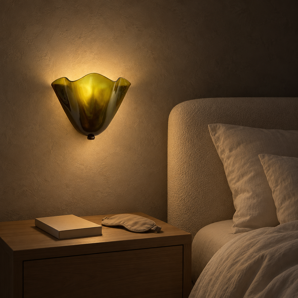 Ilsaren green bedside wall light glowing beside the bed in a bedroom at night