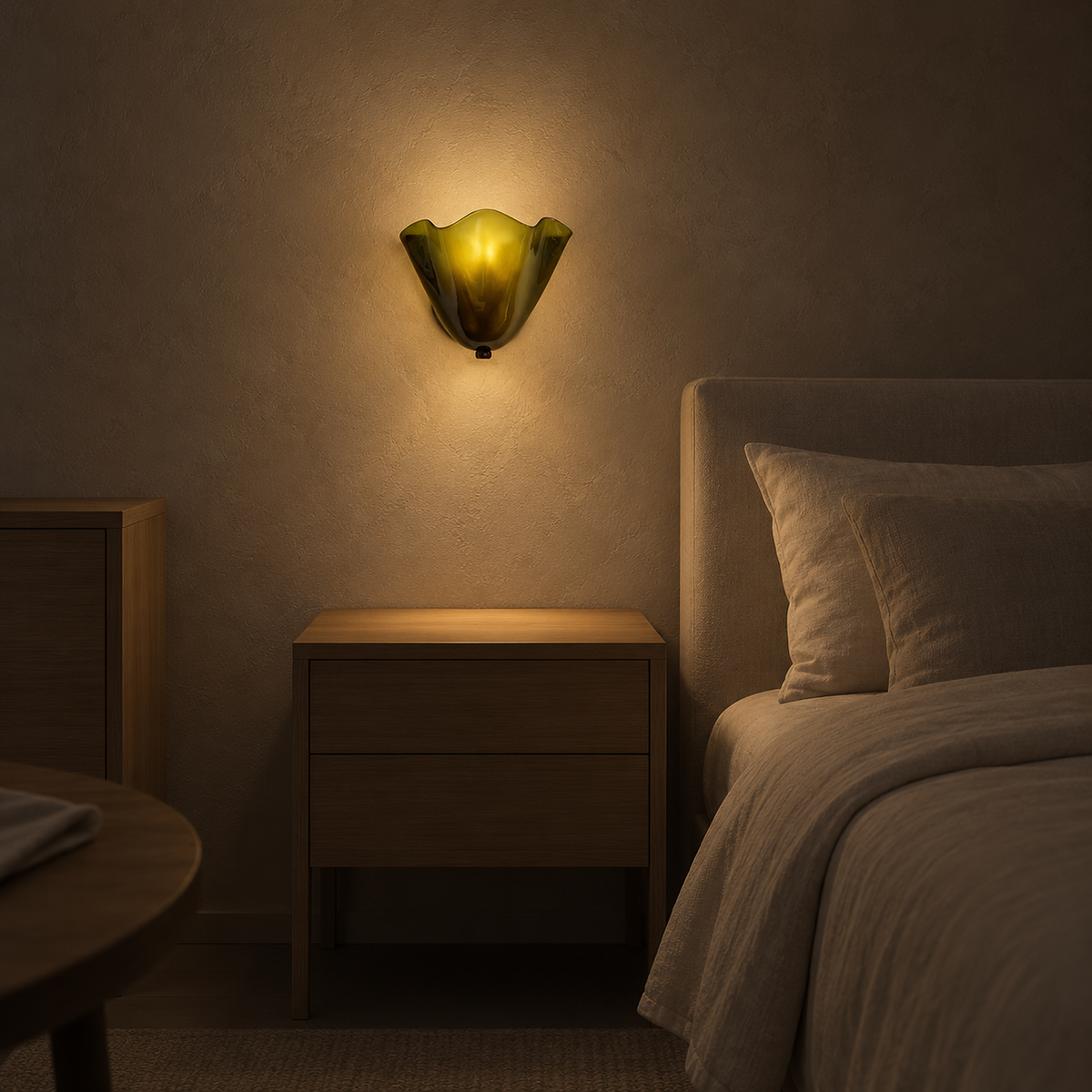 Ilsaren green plug in wall light mounted beside the bed at night, leaving the nightstand top clear