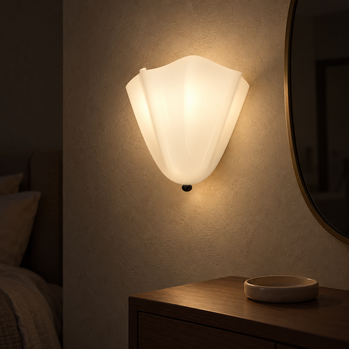 Ilsaren milky white plug in wall sconce illuminating its folded glass in a dressing corner at night #color_milky white