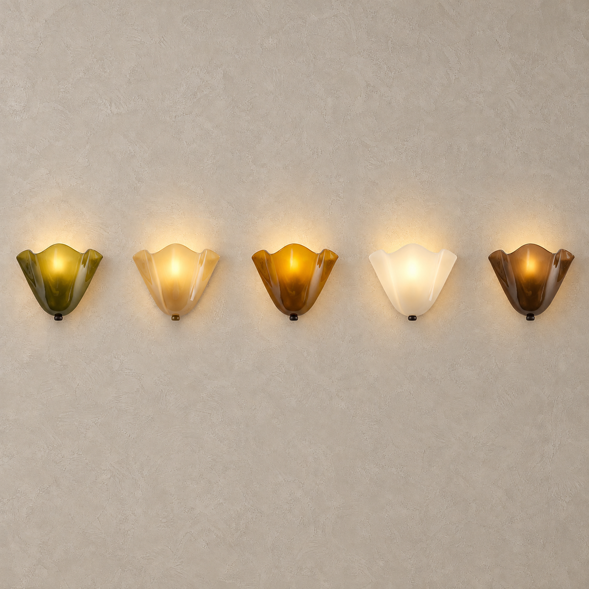 Ilsaren wall sconce in green, beige, amber, milky white and brown, all five lit together