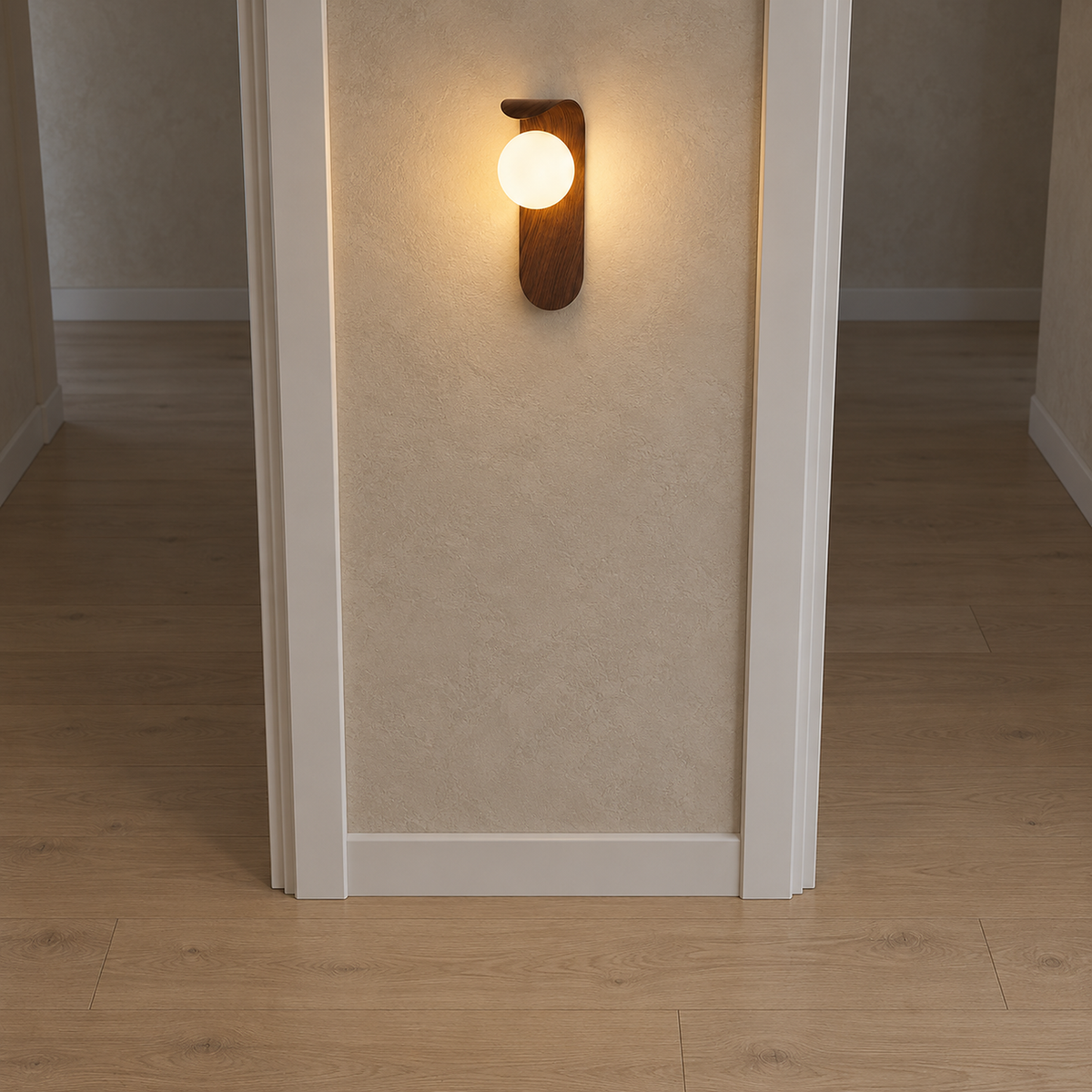 Ilvarne walnut hardwired wall light brightening a narrow hallway wall above a clear floor in late afternoon