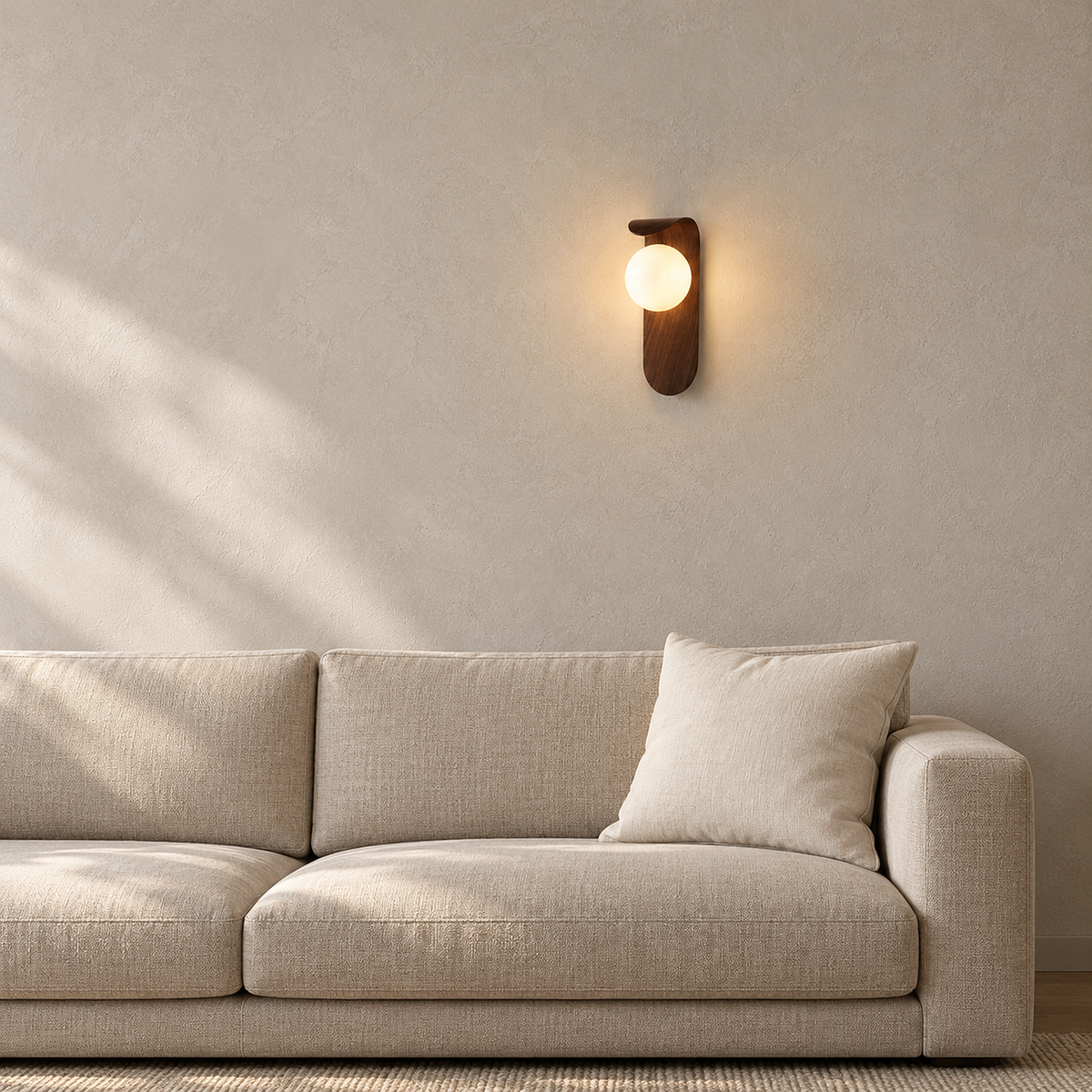Ilvarne walnut hardwired wall sconce lit above a living room sofa, globe glowing warm