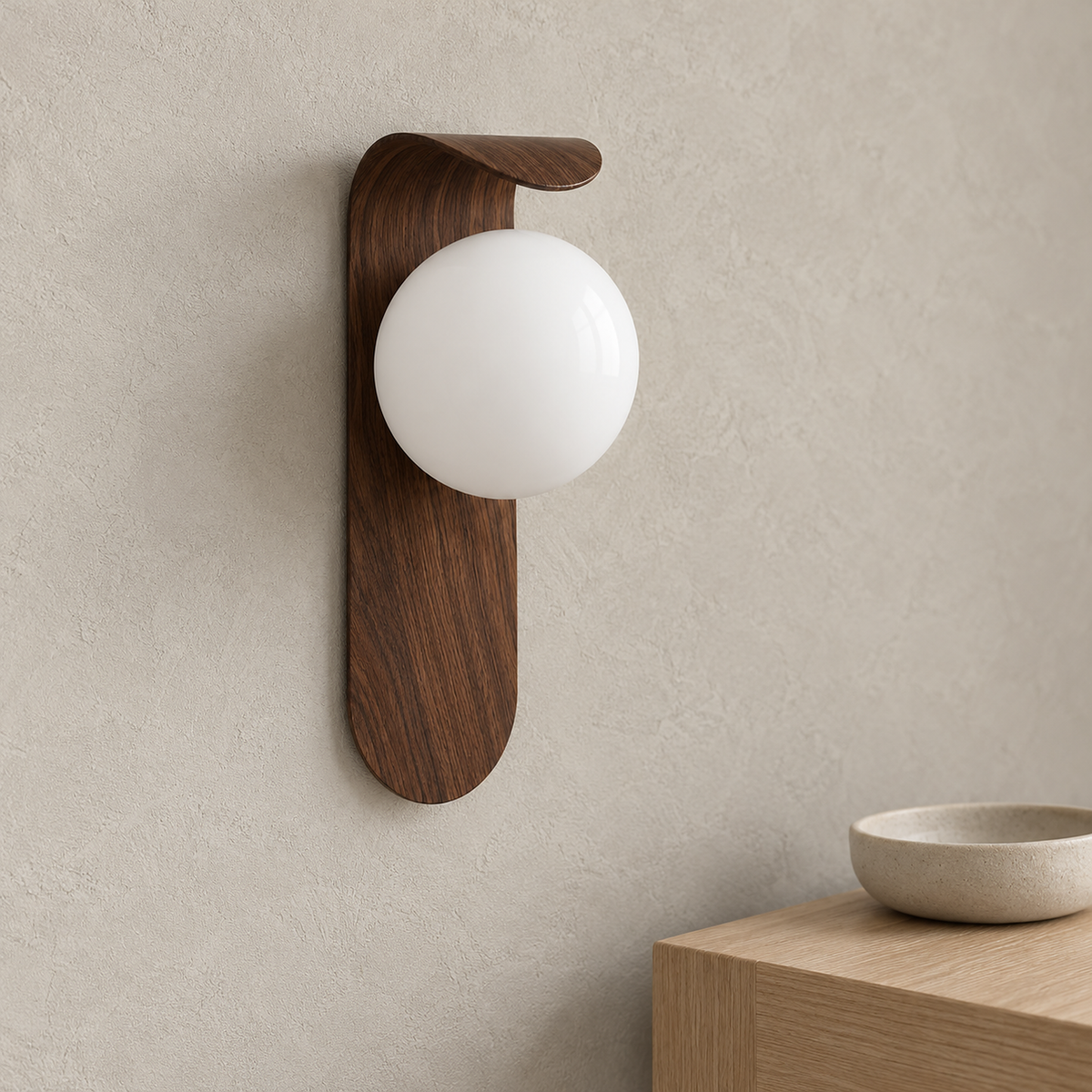 Ilvarne walnut wall lamp close up of the globe shade and printed wood grain finish