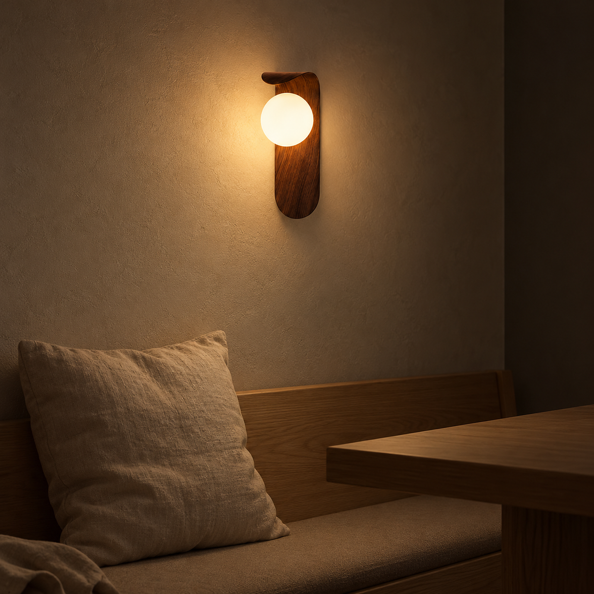 Ilvarne walnut wall light warming a dining nook with a soft halo after dark