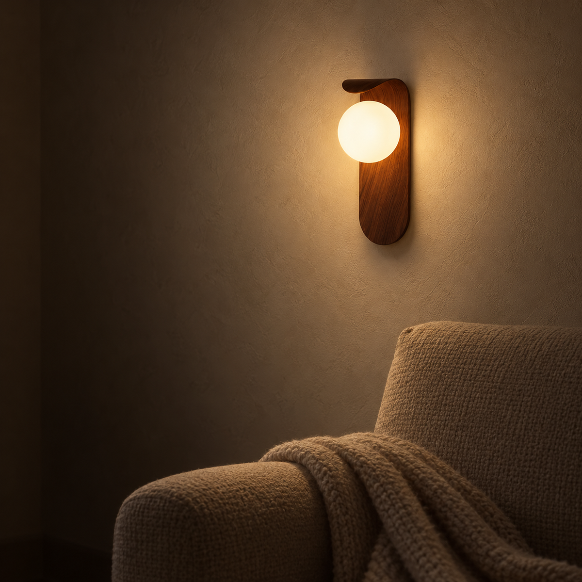 Ilvarne walnut wall sconce casting warm light beside an armchair in a reading alcove at night