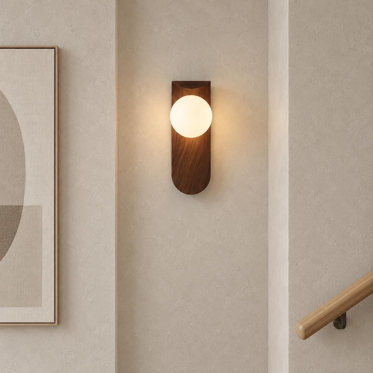 Ilvarne walnut wall sconce with a slim profile lit on a stair landing in daylight
