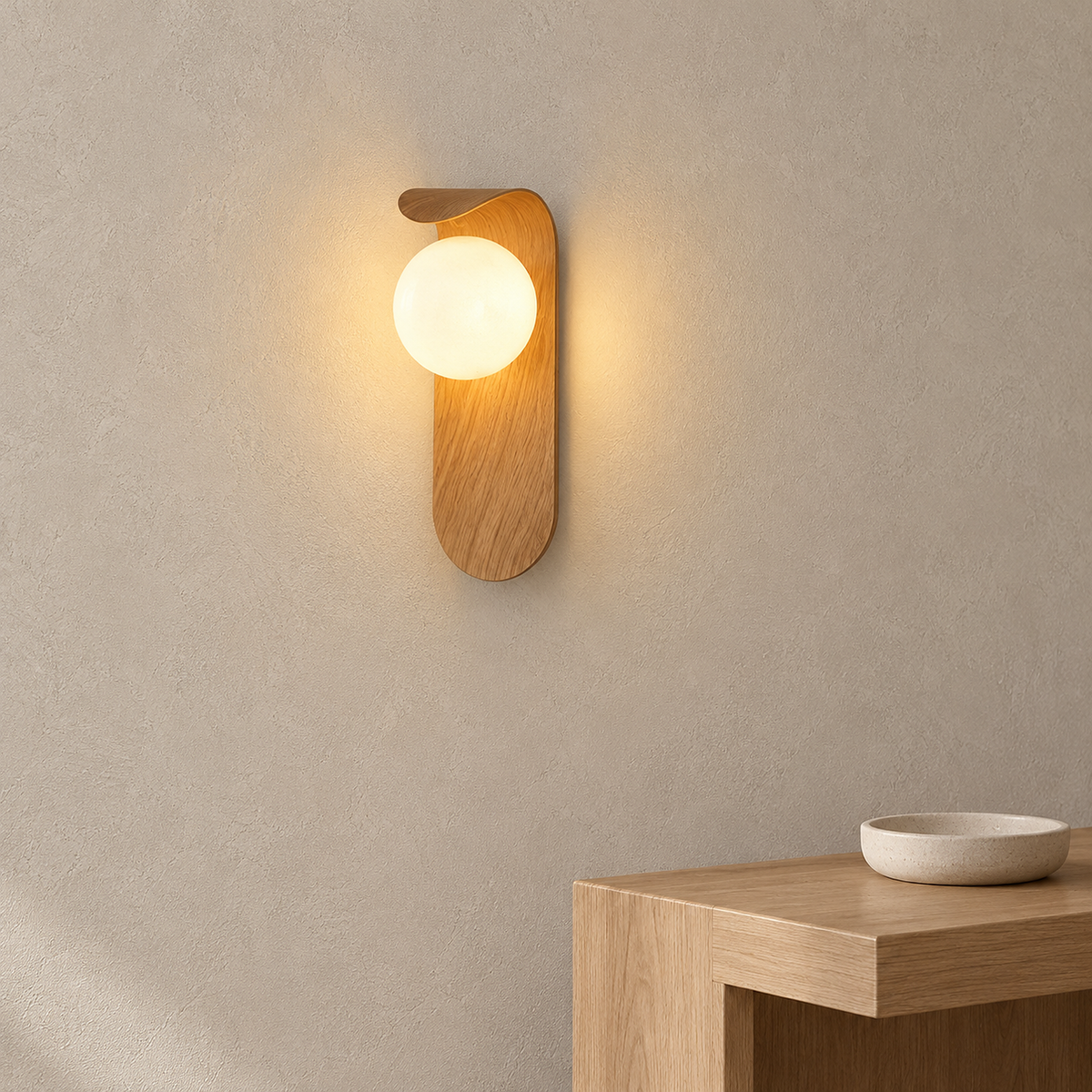 Ilvarne wood hardwired wall light glowing above an entryway console in daylight #color_wood