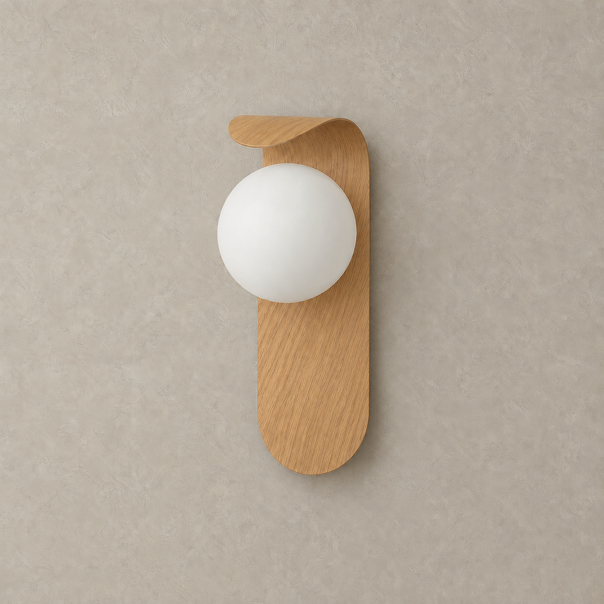 Ilvarne wood hardwired wall sconce, unlit, showing its light wood grain finish and globe shade #color_wood
