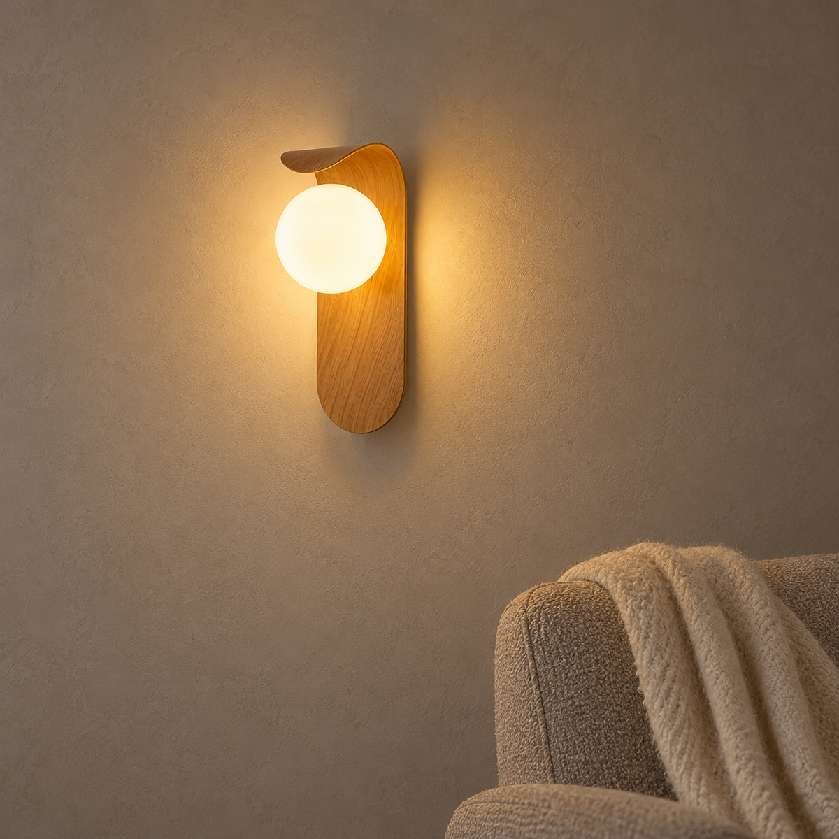 Ilvarne wood wall light warming a reading alcove with soft light in late afternoon #color_wood