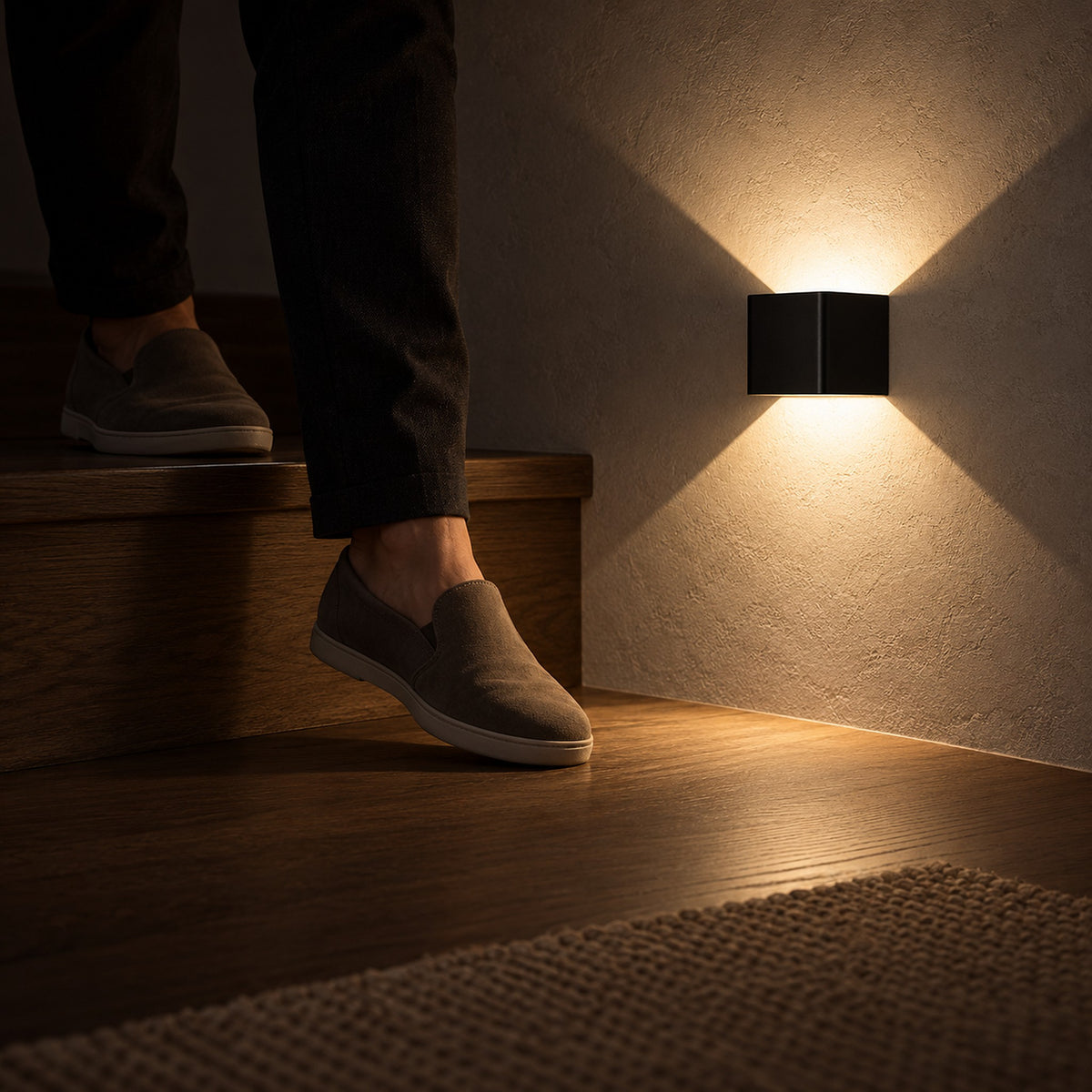 Ivelmo black motion sensor wall light switching on as an adult walks down from the upper landing at night