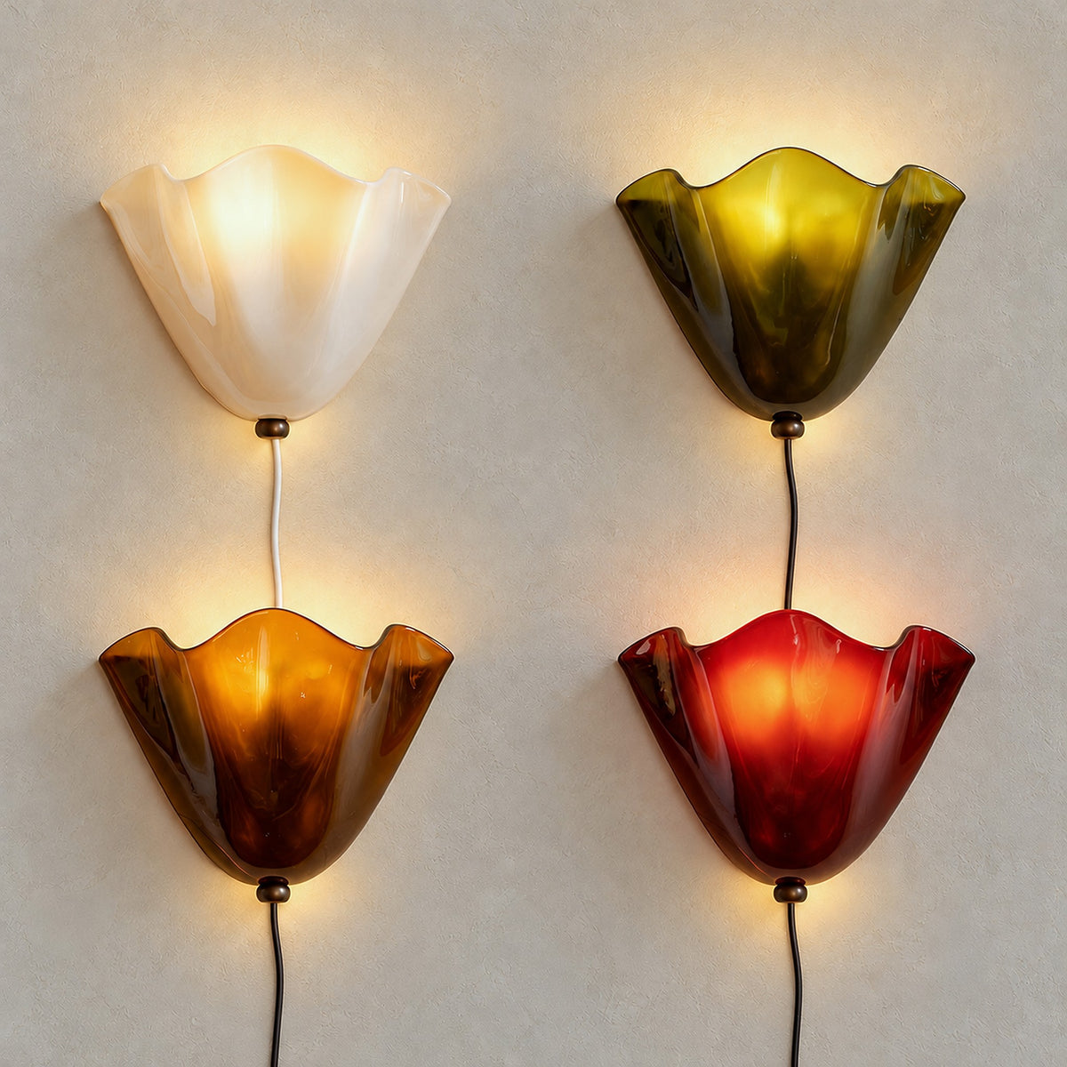 Lanorvi bedside wall light in ivory, green, brown and red glass, all four lit together
