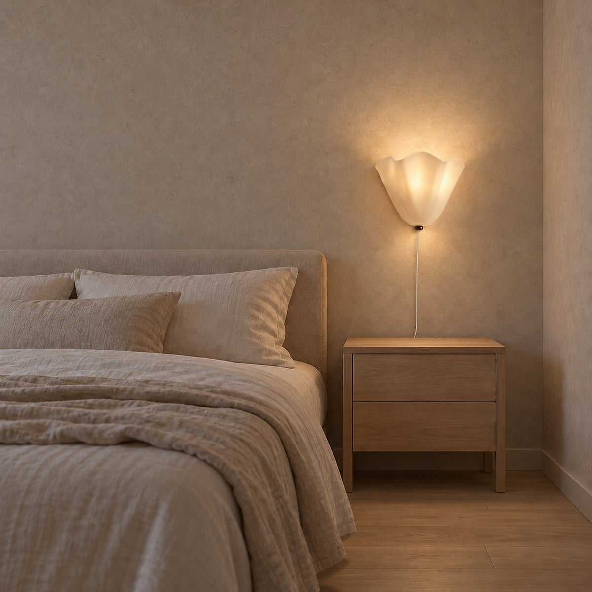 Lanorvi ivory glass bedside wall light glowing beside a bed in soft midday light