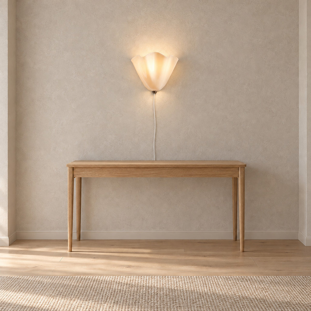 Lanorvi ivory glass wall lamp in a hallway, leaving the console below completely clear