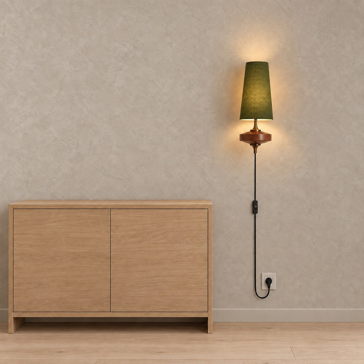 Larevio green single head plug in wall sconce glowing beside a console with the cord routed to an outlet #color_green