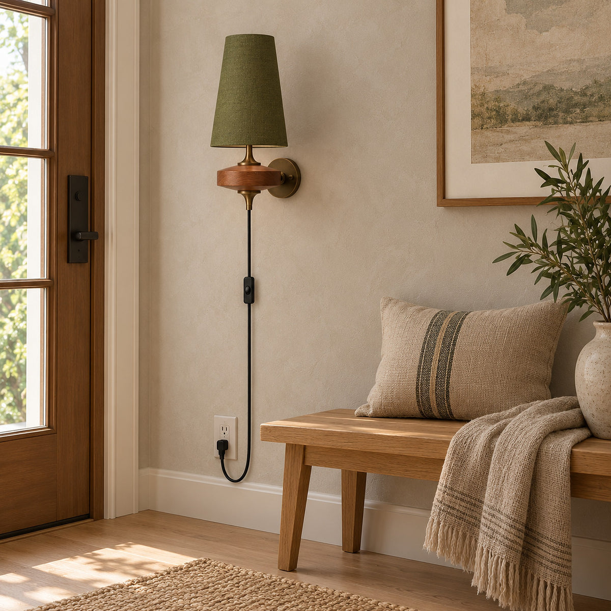 Larevio green single head plug in wall sconce switched off above an entryway bench in daylight #color_green