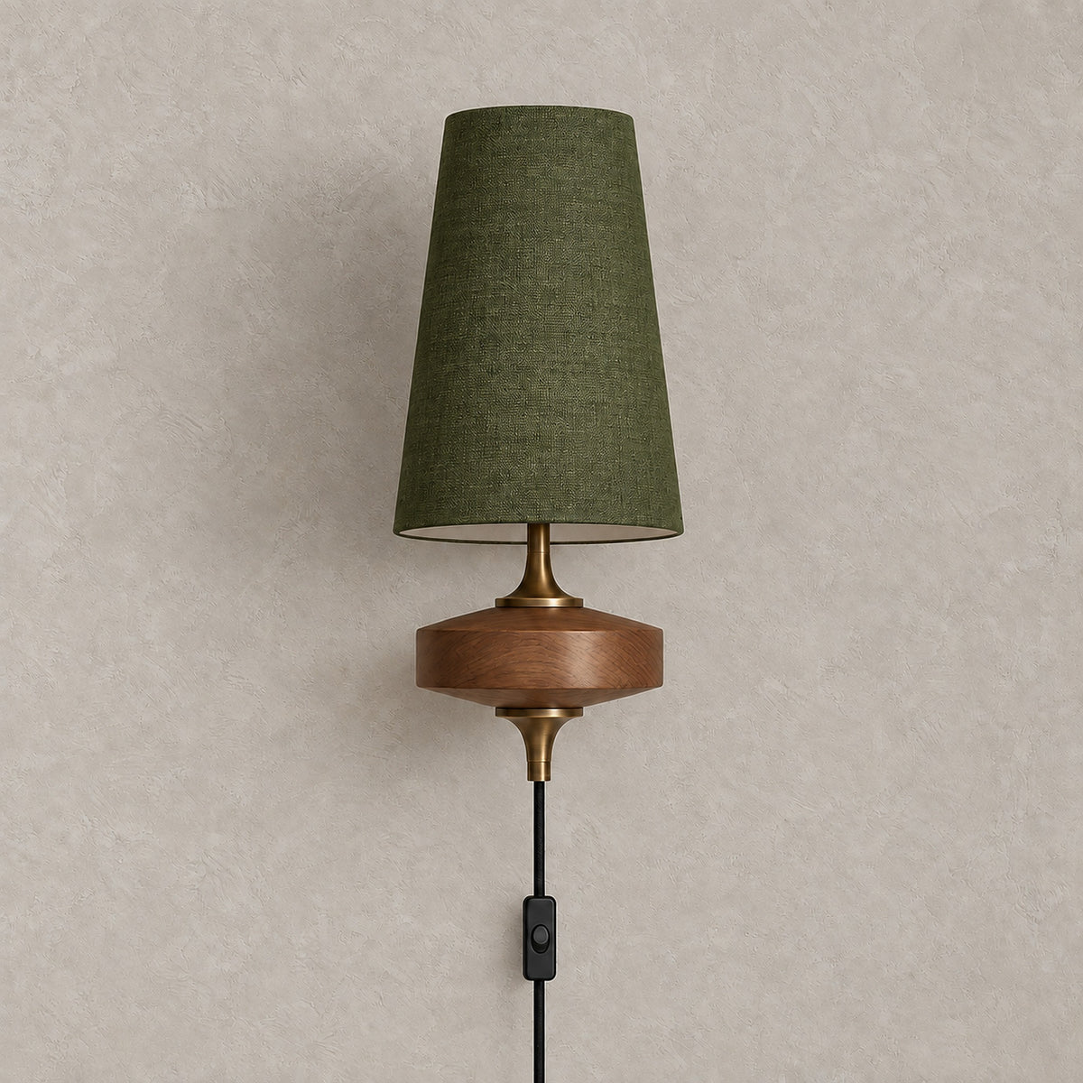 Larevio green single head plug in wall sconce switched off showing the olive green fabric shade and wood body #color_green