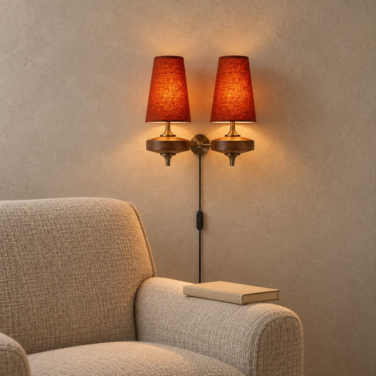 Larevio red wall sconce glowing above an oatmeal chair in a daylit reading nook #color_red