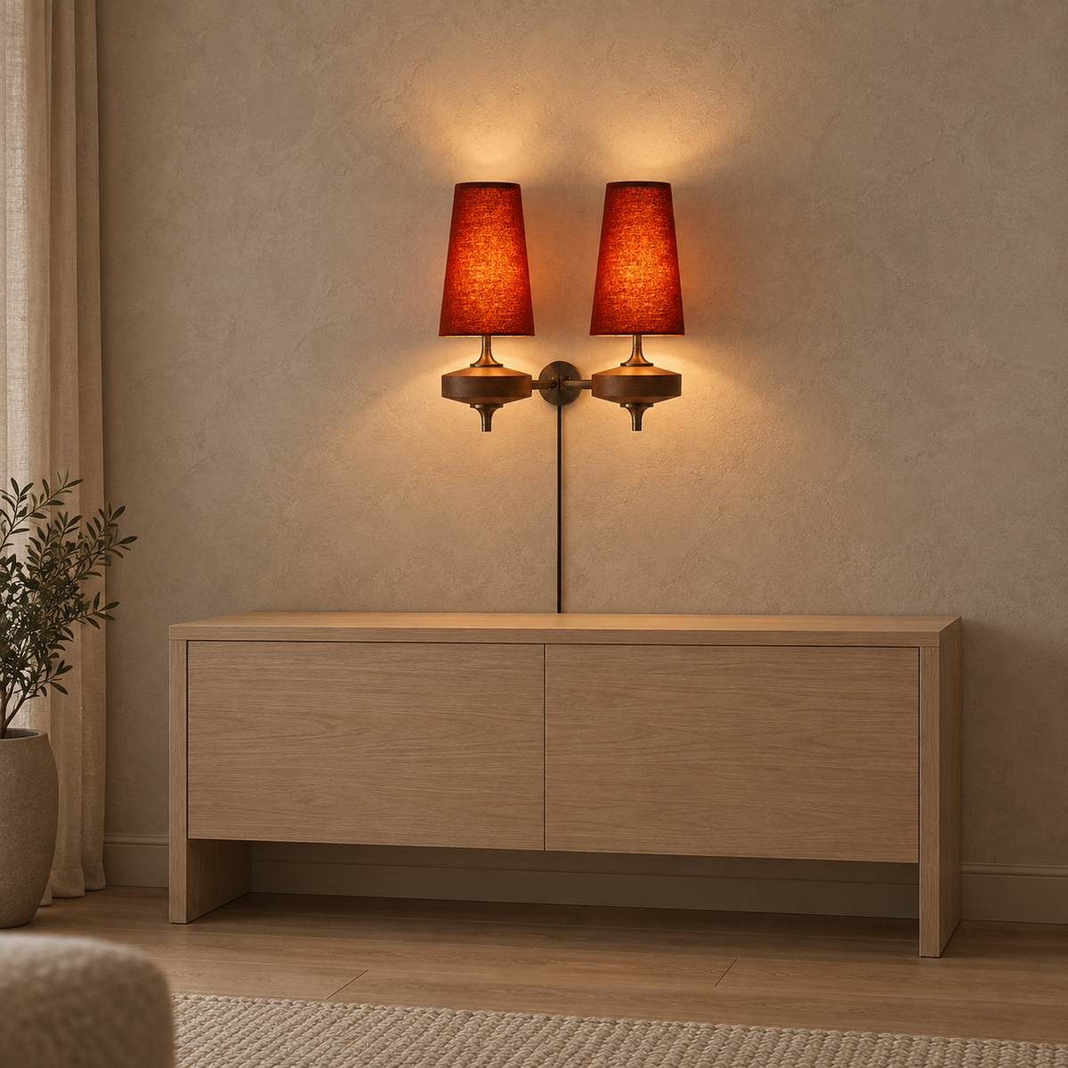 Larevio red plug in wall sconce with two shades casting warm light above a console #color_red