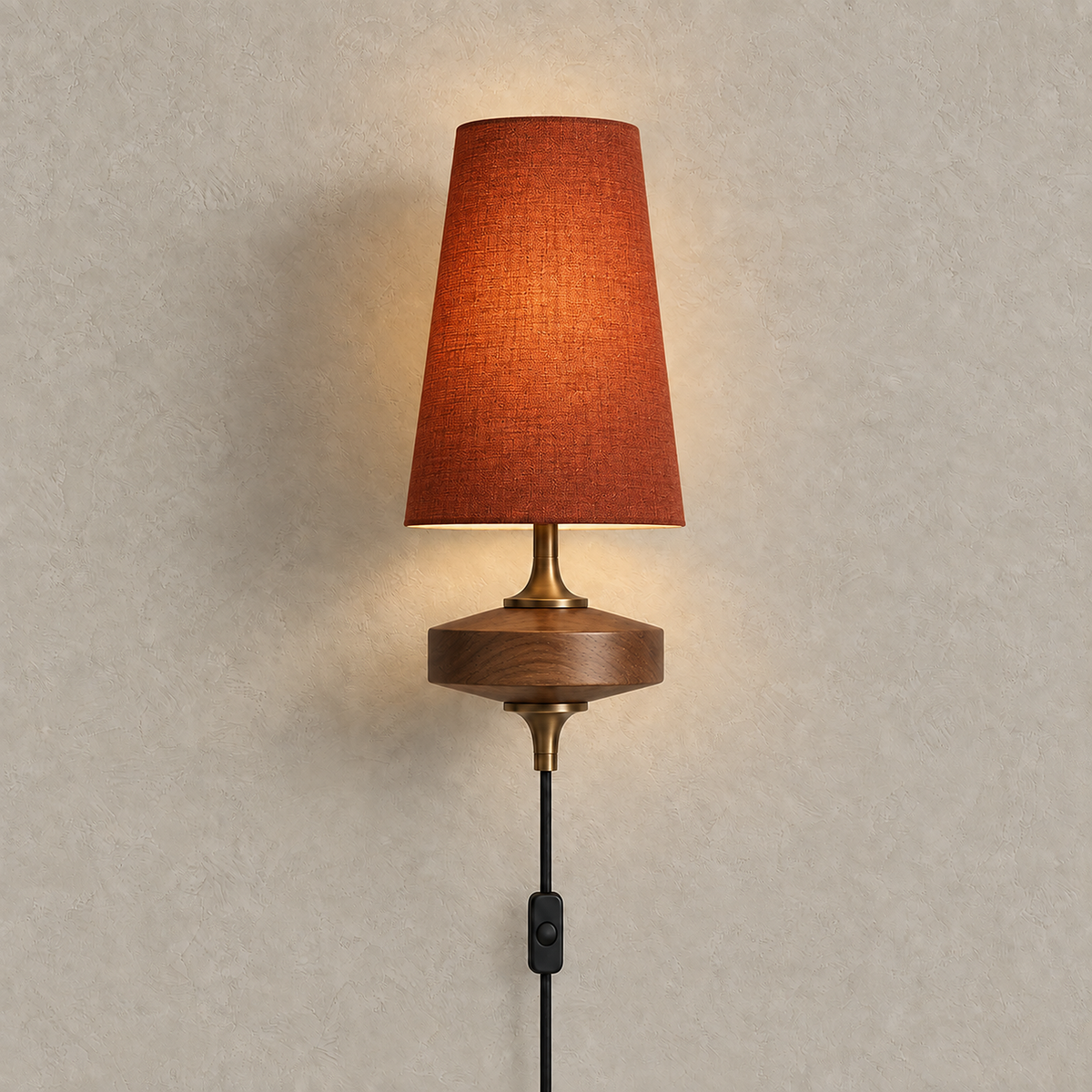 Larevio red single head plug in wall sconce glowing on a plain plate with its inline cord switch #color_red
