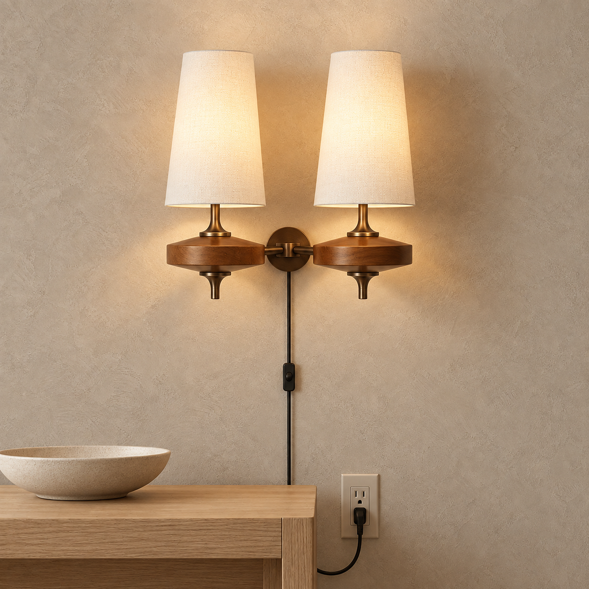 Larevio white wall sconce glowing above a dining console in daylight #color_white