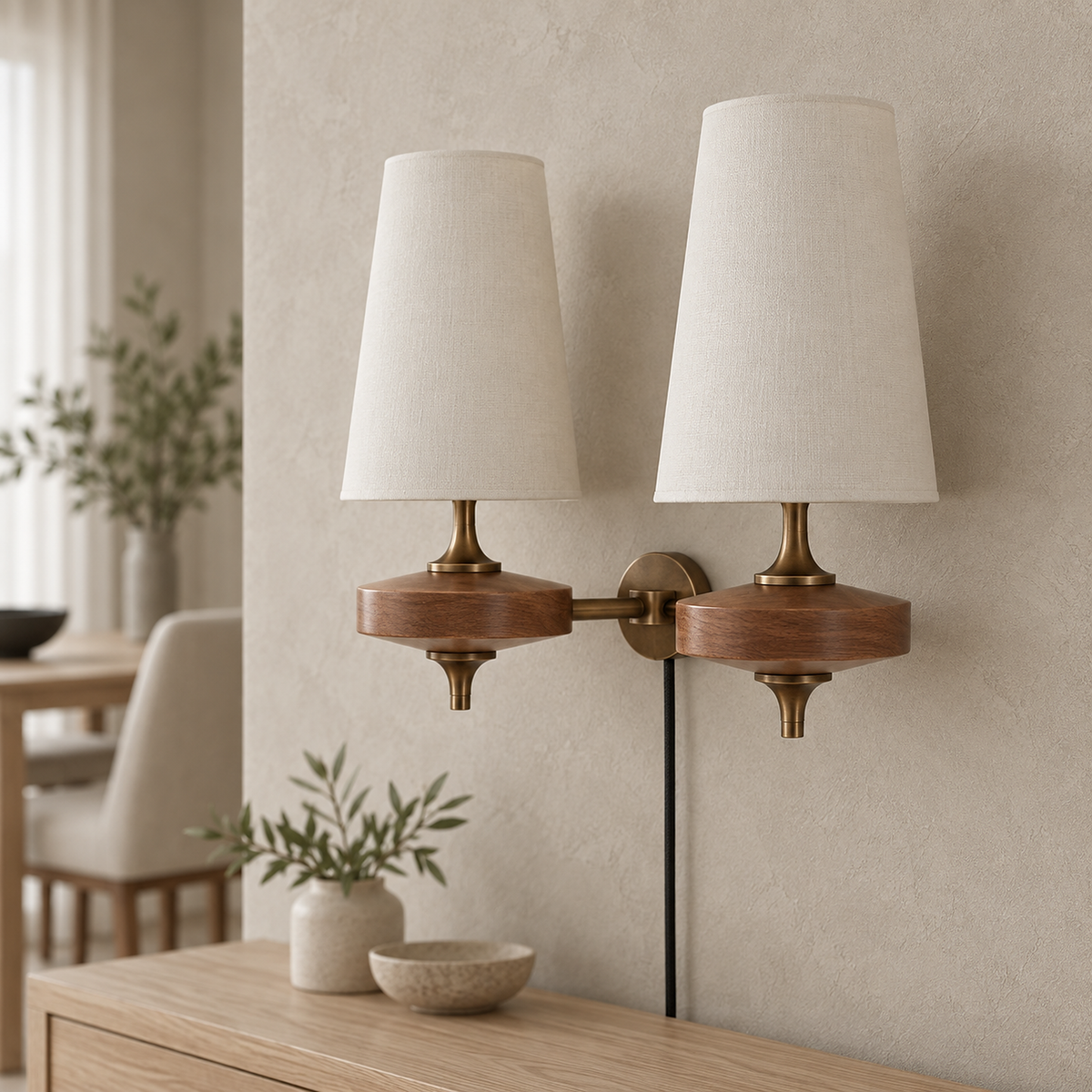 Larevio white plug in wall sconce close up showing wood body, metal hardware and unlit shades #color_white
