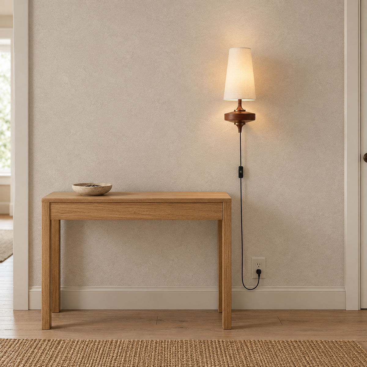 Larevio white plug in wall sconce lighting an entryway console with its cord in an outlet