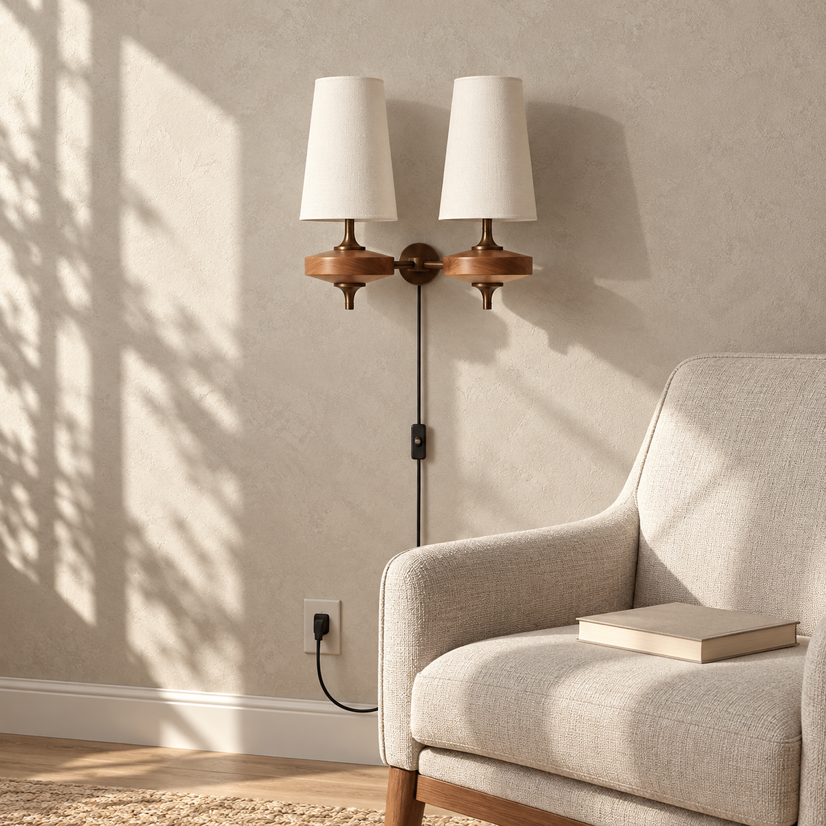 Larevio white plug in wall sconce switched off in a sunny reading nook #color_white