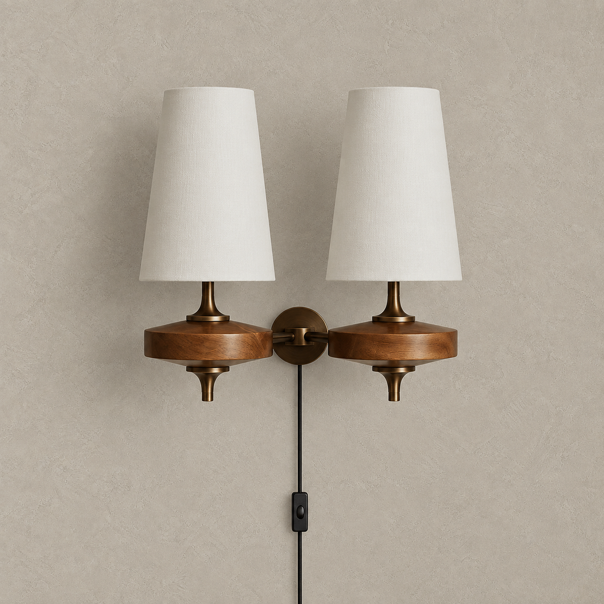 Larevio white plug in wall sconce unlit with two fabric shades against greige plaster #color_white