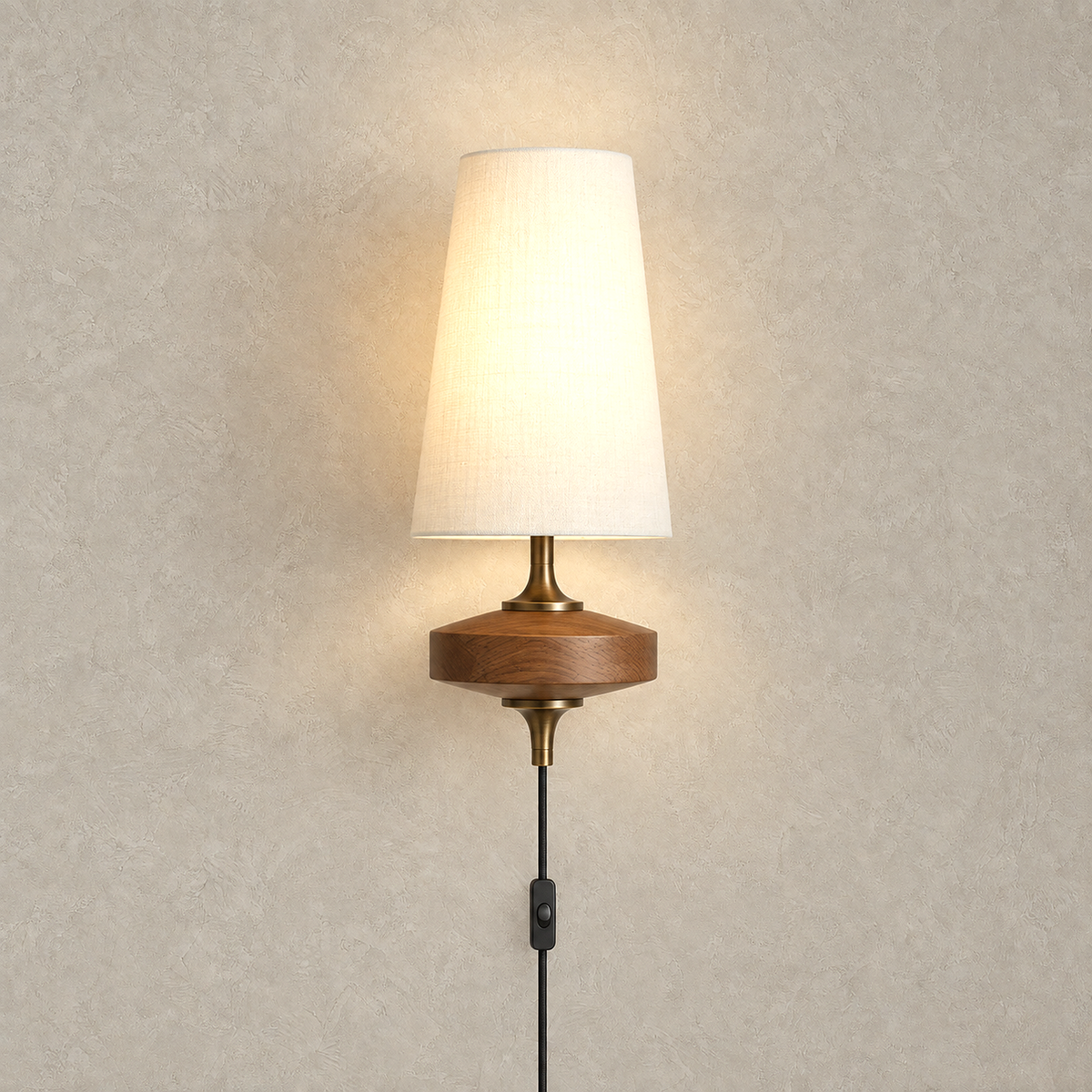 Larevio white single head plug in wall sconce lit on a plain plate showing its wood body #color_white
