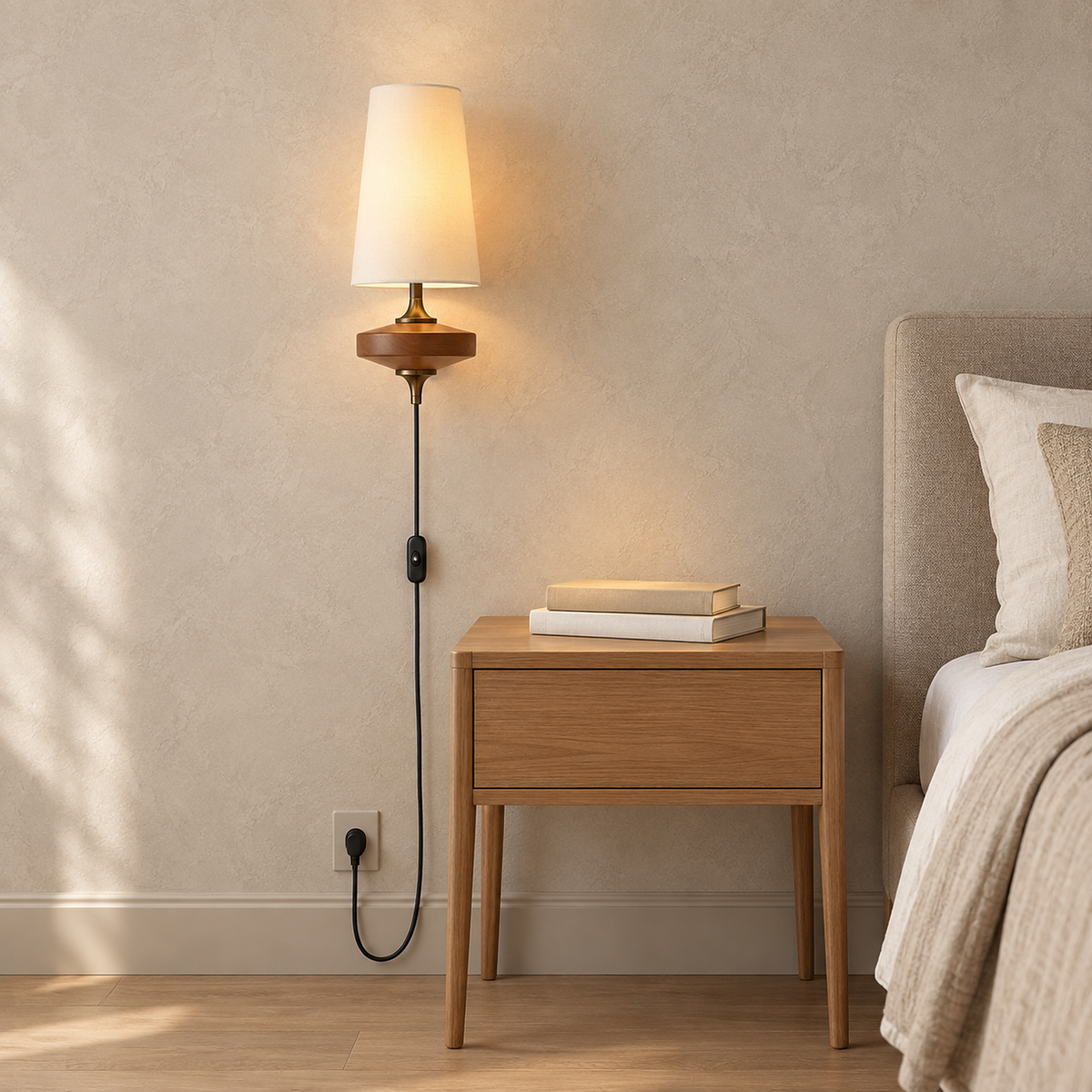 Larevio white wall sconce used as a bedside lamp lighting an open book stack in a guest bedroom