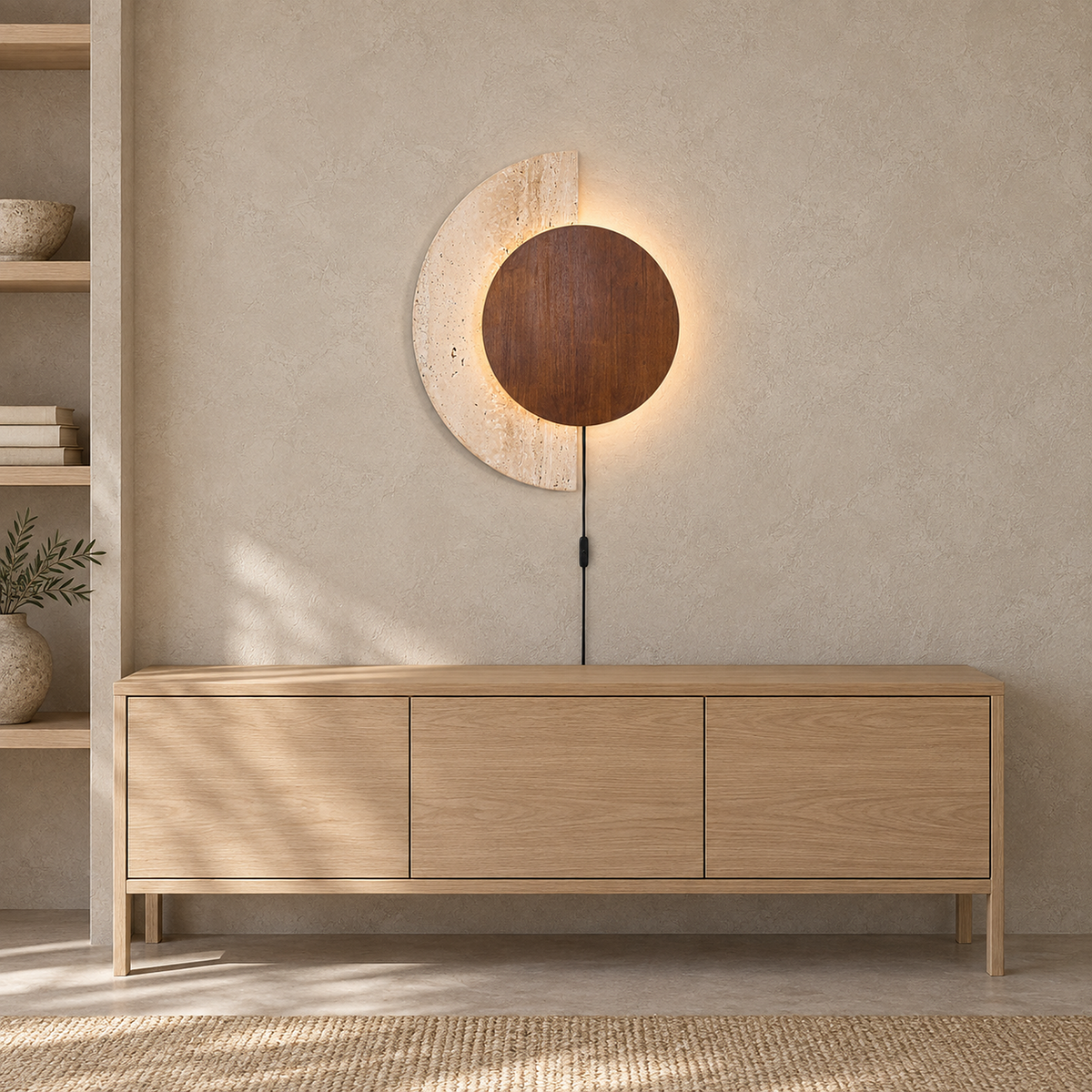 large Lomavo walnut plug in wall sconce lit above a broad library console in daylight
