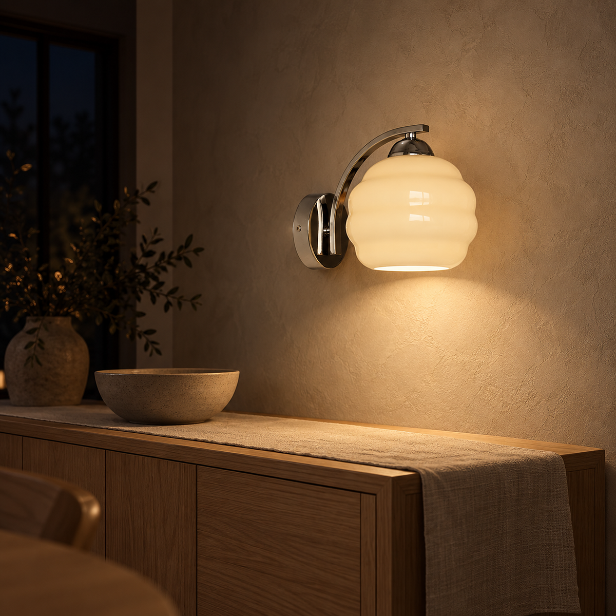 Lasemiro silver and beige glass wall light spreading warm evening glow in a dining room #color_silver and beige