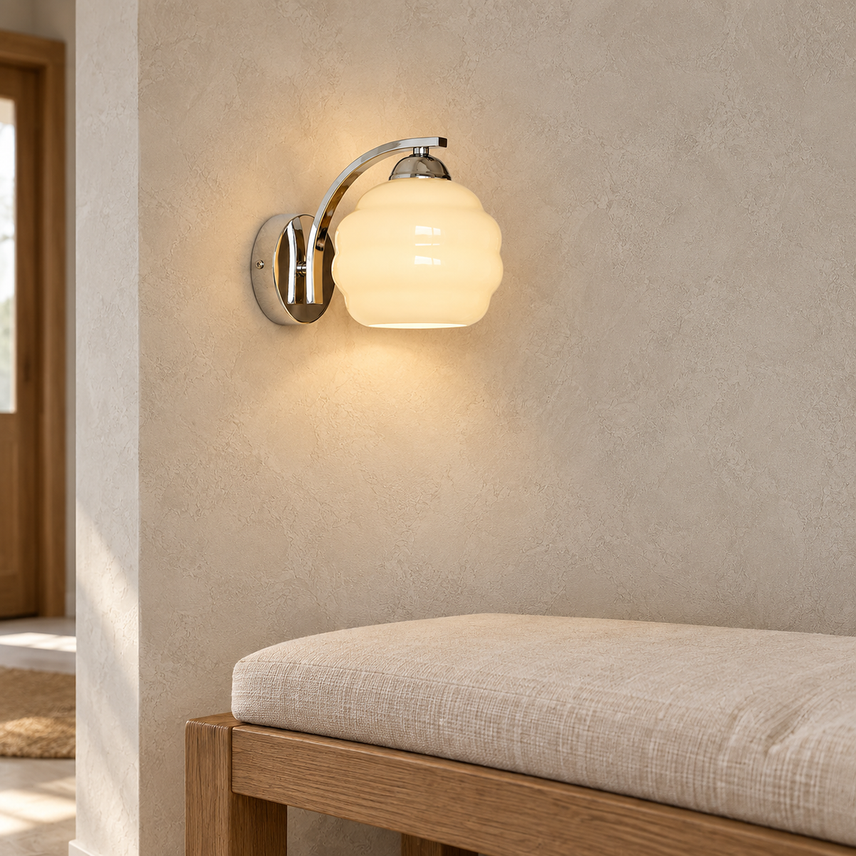 Lasemiro silver and beige wall lamp lit warmly above an entryway bench in daylight #color_silver and beige