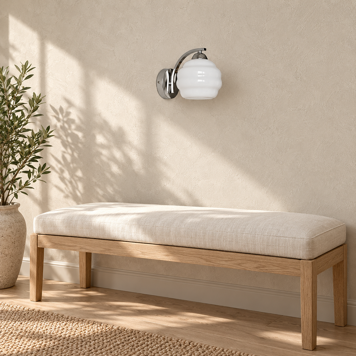 Lasemiro white wall lamp unlit above an entryway bench in daytime light