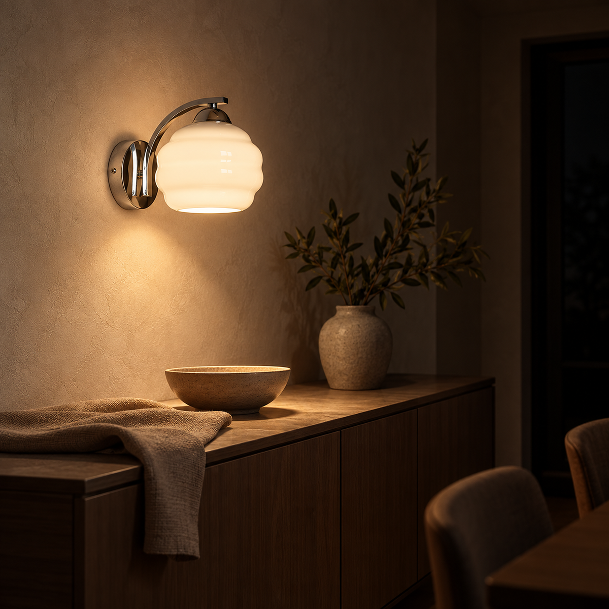 Lasemiro white wall light giving a gentle evening glow in the dining room