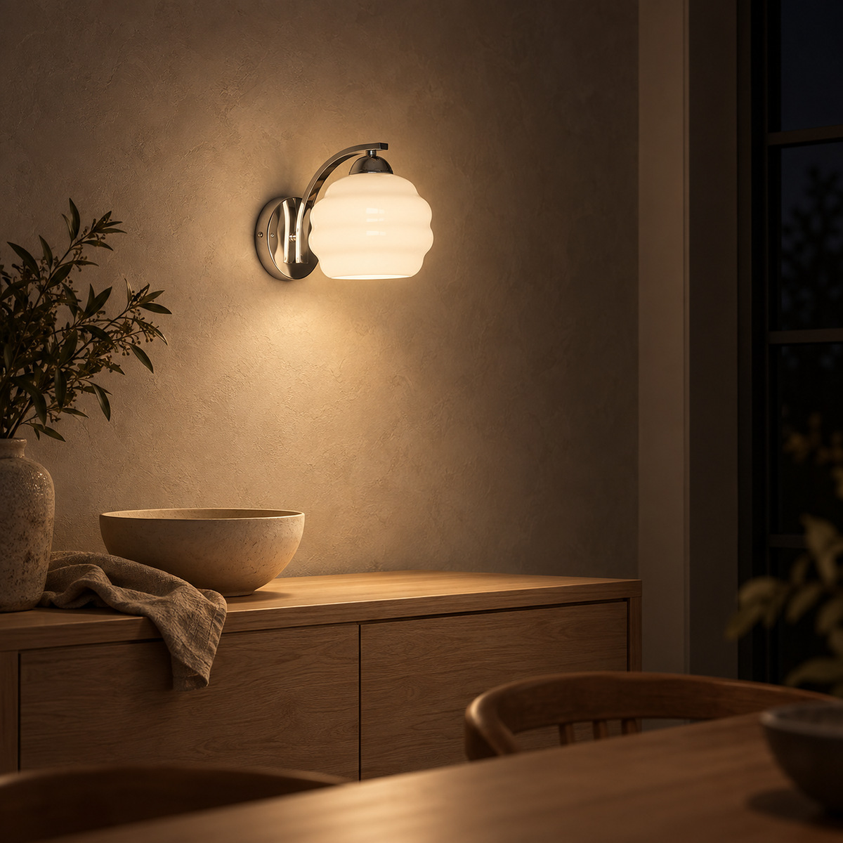 Lasemiro white wall sconce casting soft light across a dining room at night