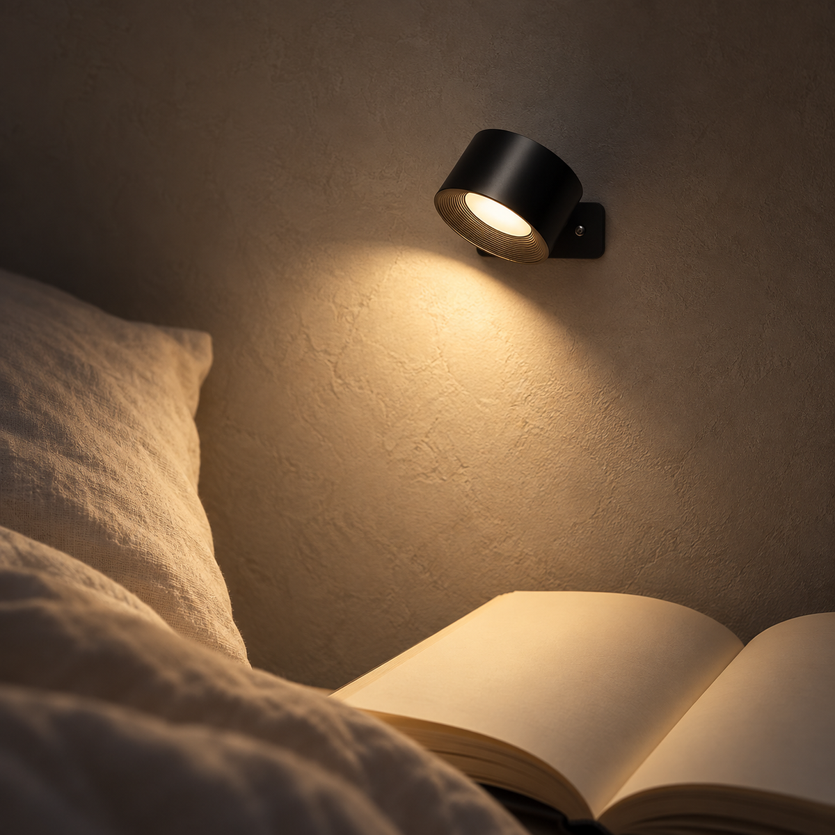 Lasirel black bedside lamp lit for reading at night in a dark bedroom