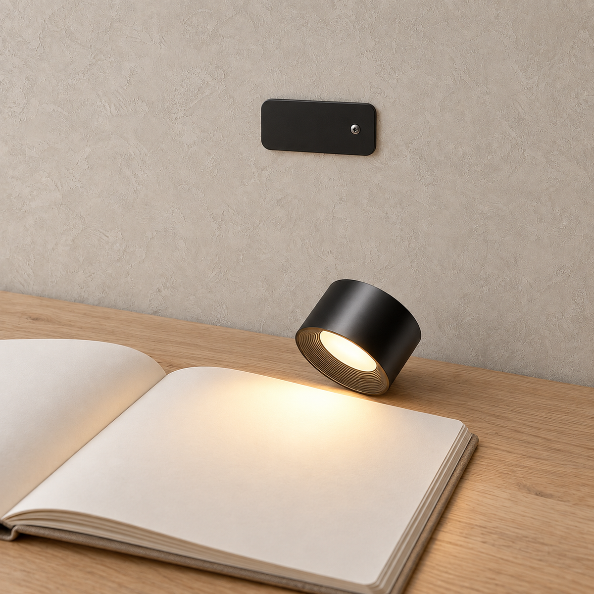Lasirel black cordless table lamp lit on a console beside its magnetic mount
