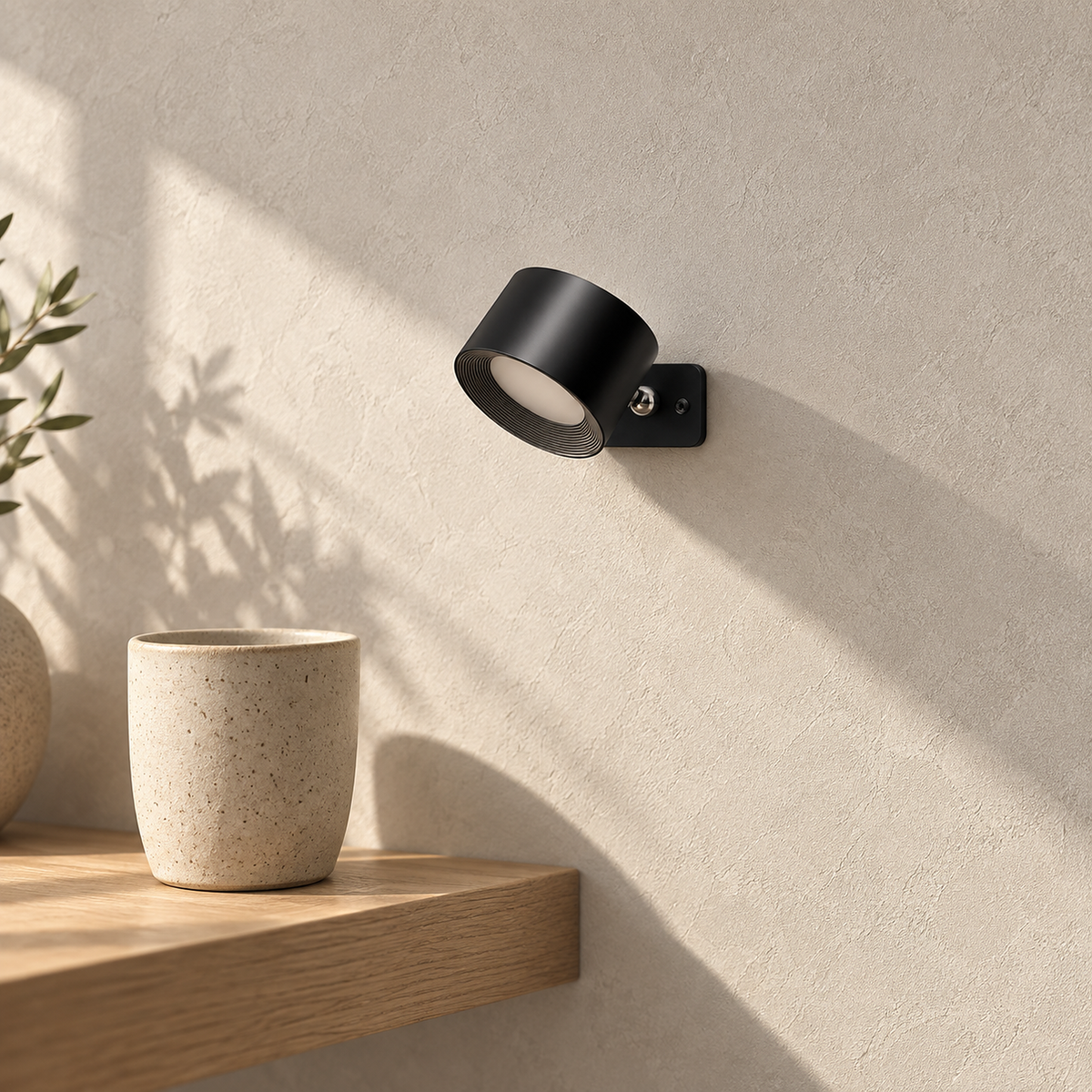 Lasirel black cordless wall lamp unlit on a dining room wall in direct sunlight