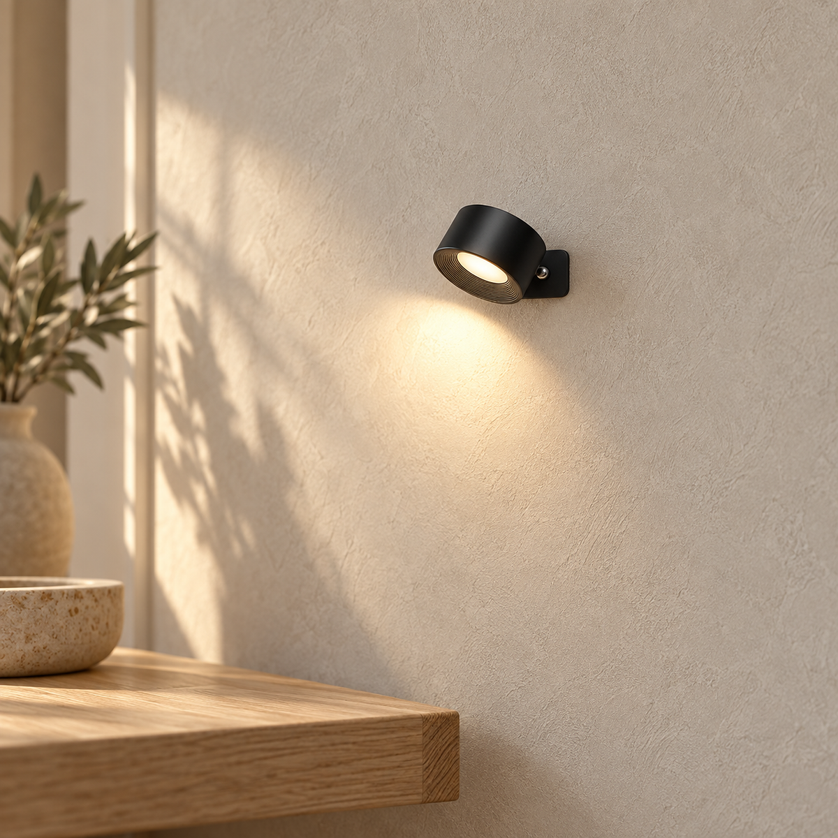 Lasirel black rechargeable wall sconce casting warm light along a hallway wall