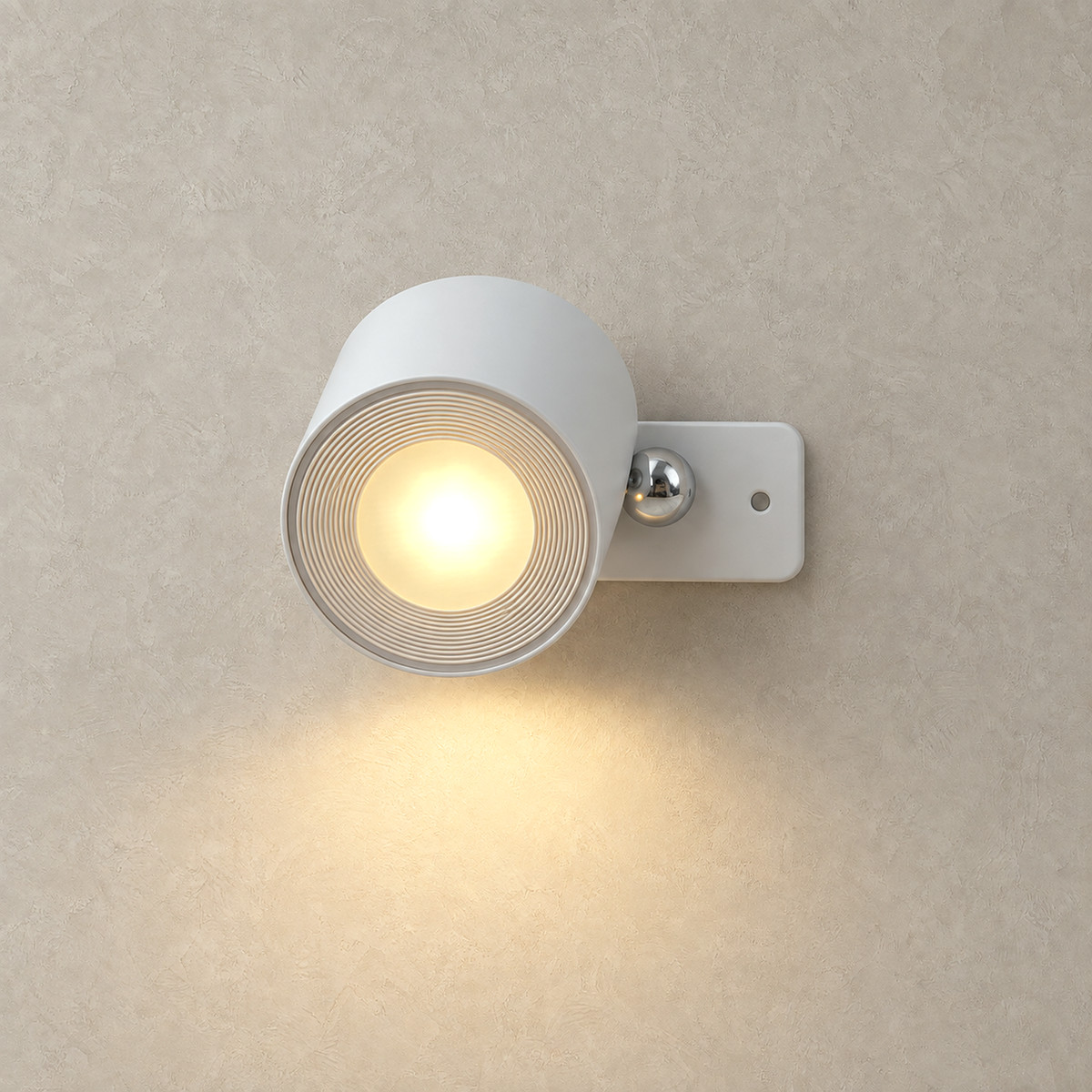 Lasirel white cordless wall lamp glowing on a greige plaster wall #color_white